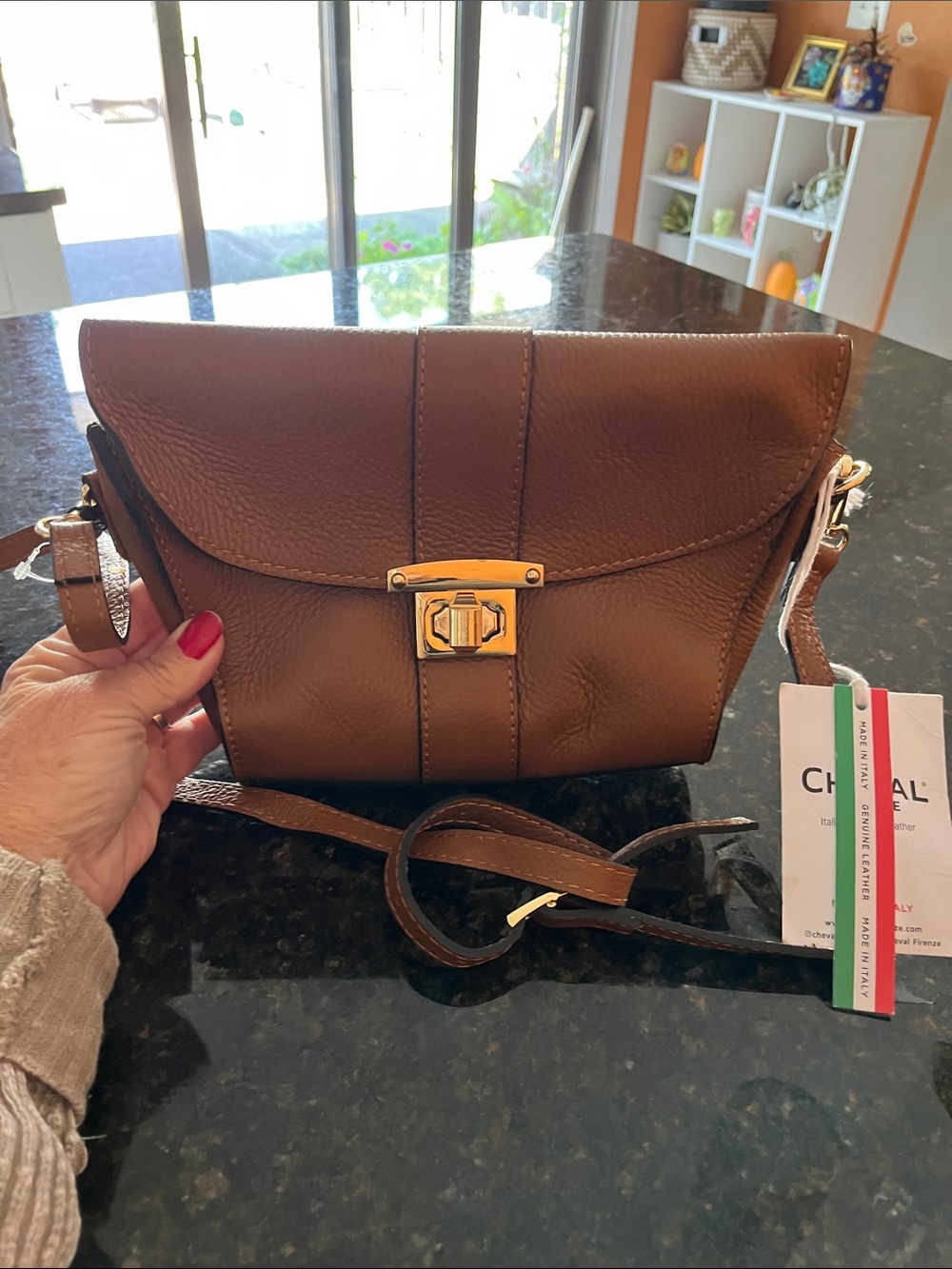Cheval Firenze Tan Leather Crossbody with Gold-Tone Turn-Lock